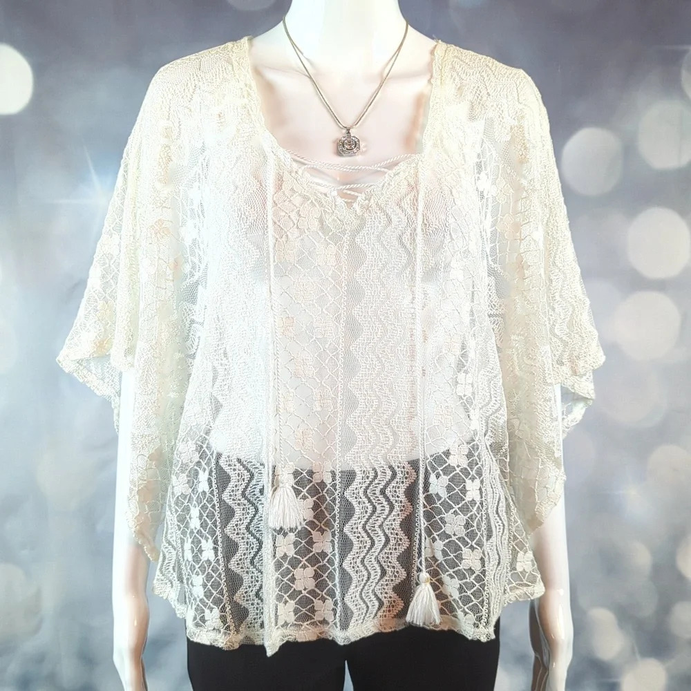 Olsenboye Womens White 1/2 Sleeve Tasseled Sheer Lace Blouse Top Size XL